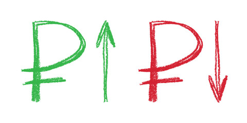 Hand drawn russian ruble currency symbol Growth and fall profit with arrow up and down Brush stroke doodle Element for design