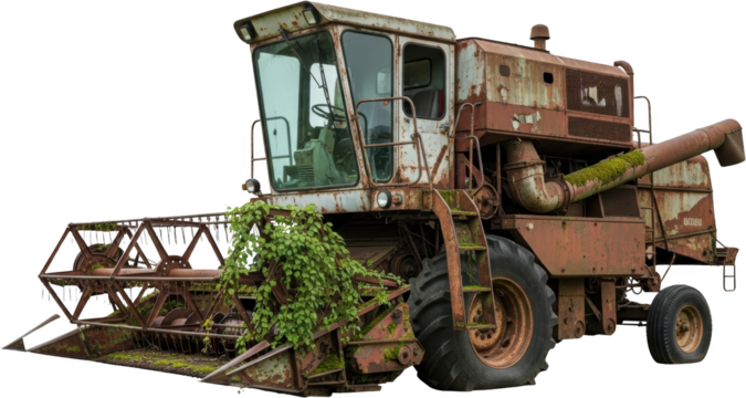 Abandoned rusty combine harvester overgrown with green vines and moss showing signs of decay and disuse agriculture farming old overgrowth machinery equipment