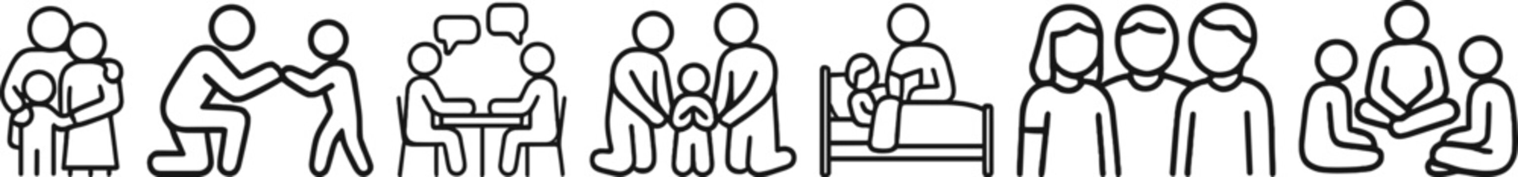 Line icons of family interaction parenting, support, and communication