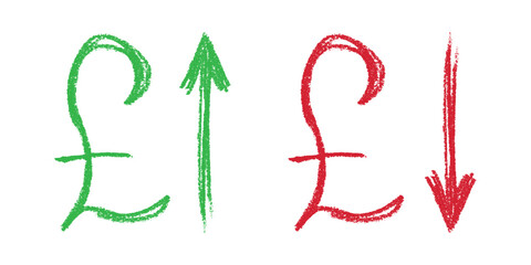 Hand drawn british pound currency symbol Growth and fall profit with arrow up and down Brush stroke doodle Element for design