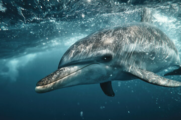Naklejka premium Dolphin swimming gracefully beneath ocean surface in stunning close up
