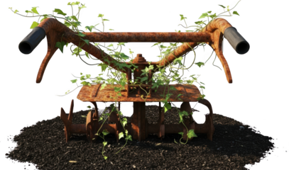 An old rusty tiller with green vines growing on its handlebars and tines resting on dark soil abandoned overgrown greenery nature decay grunge weathered