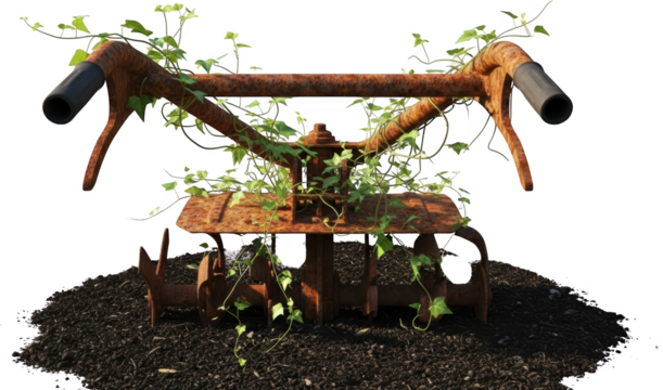 An old rusty tiller with green vines growing on its handlebars and tines resting on dark soil abandoned overgrown greenery nature decay grunge weathered