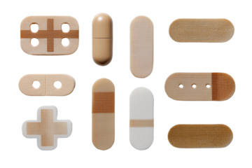 Collection of band-aid strips in various shapes isolated on transparent White background png
