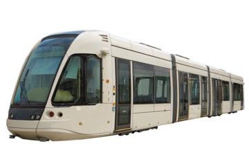 Articulated two-section tram featuring expansive panoramic windows isolated on transparent White background png