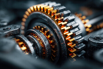 Close examination of a mechanical gear system featuring flywheels pistons and springs