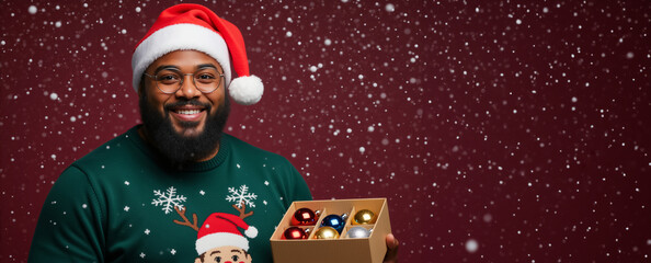 Cheerful black man in a santa hat and festive sweater holding christmas ornaments. Happy person celebrating winter holidays on a red snowy background. Holiday banner with room for text
