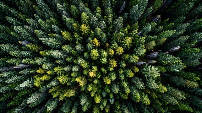 A vast evergreen forest, showcasing the rich texture and pattern of the tree canopy