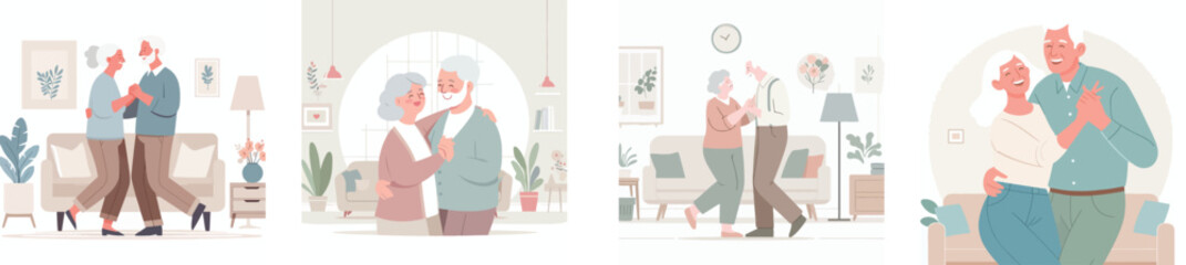 An elderly couple dancing together in the living room, flat design, simple and minimalistic style, white background