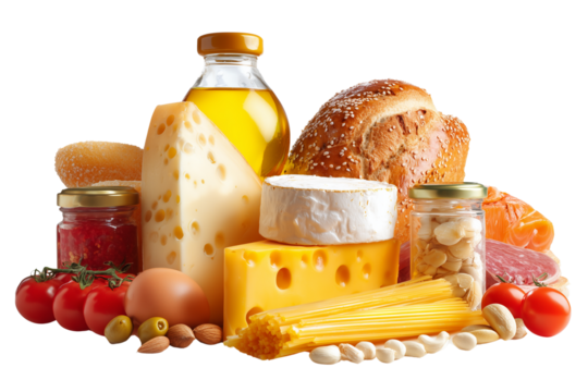 Assorted food products isolated on transparent White background png