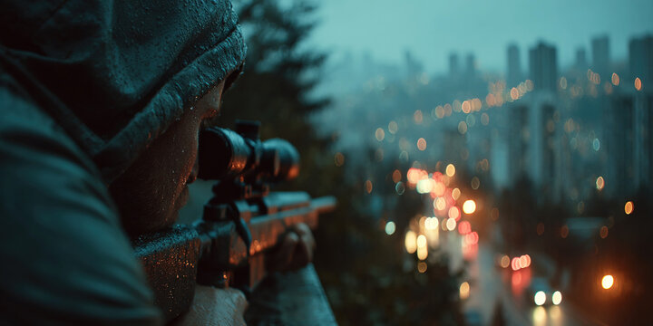Sniper in urban environment using camouflage and rifle scope during rainy evening - Powered by Adobe