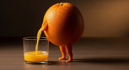 Anthropomorphic Orange Pouring Juice into Glass juice directly into a glass, blending humor with freshness.