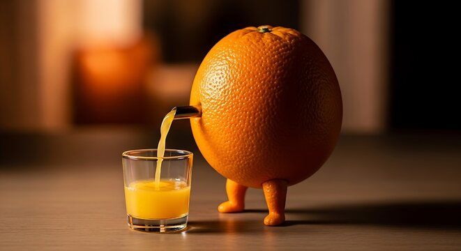 Anthropomorphic Orange Pouring Juice into Glass juice directly into a glass, blending humor with freshness.