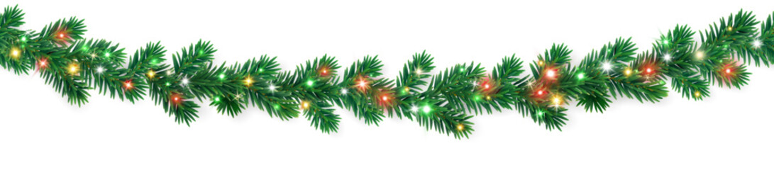 Fototapeta na wymiar Seamless colorful Christmas garland of fir branches with red, green, and yellow lights. Perfect glowing border for Christmas tree decorations. Transparent background in vector file.