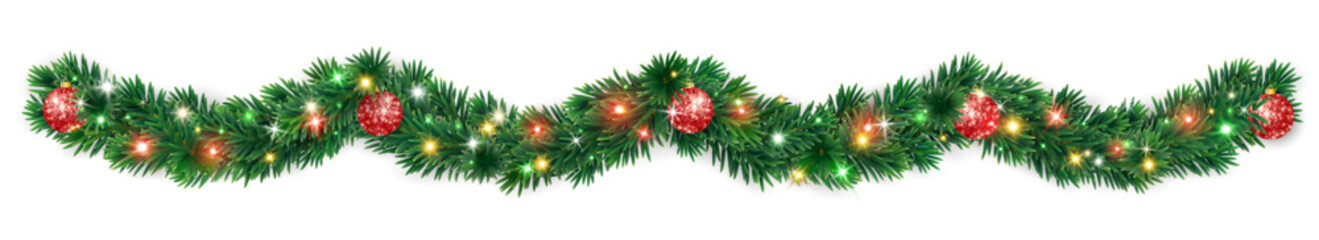 Christmas tree garland with red glitter baubles and glowing colorful lights. Festive decorative divider for winter holiday design and celebration banners. Transparent background in vector file.