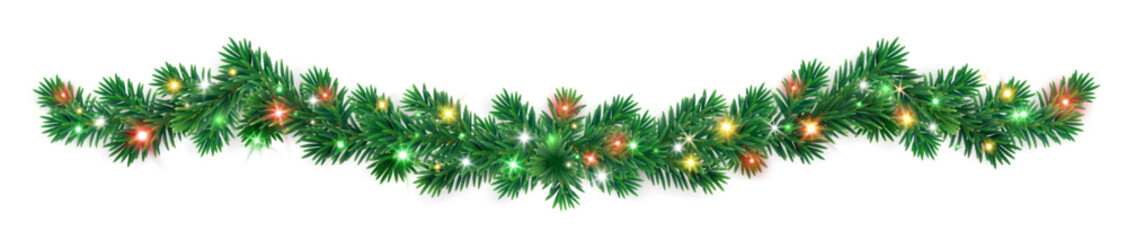 Christmas tree garland with glowing multicolor lights on lush green branches. Bright festive banner decoration for Christmas and New Year projects. Transparent background in vector file. © Olga Prozorova