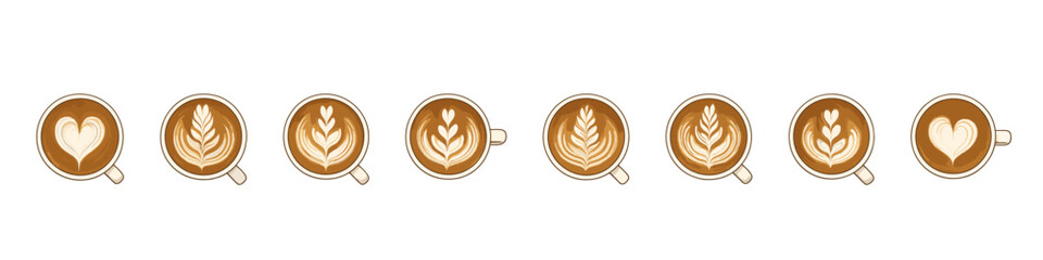 Latte art icon set. Coffee cup vector set. Top view coffee cup collection with various latte art patterns for cafe menu and beverage design.