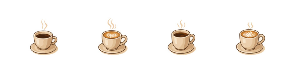 Obraz premium Coffee cup icon set. Hot drink vector set. Coffee cup collection with steam and latte art for cafe, menu, and beverage design.