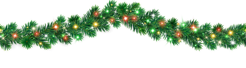 Seamless horizontal Christmas garland of lush green fir branches with colorful glowing lights. Perfect festive border for banners and winter holiday designs. Transparent background in vector file.
