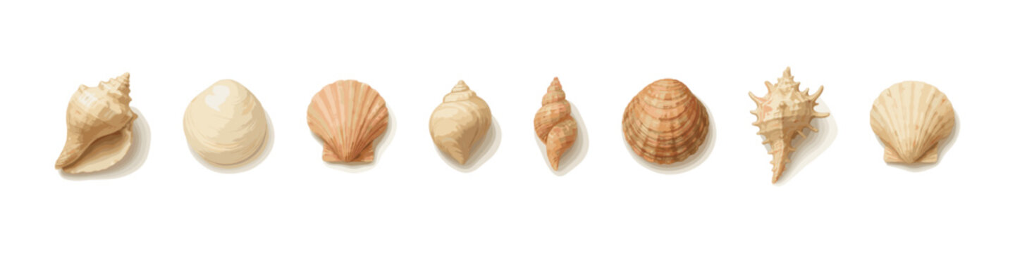 Sea shell icon set. Beach element vector set. Sea shell collection with various shapes and textures for summer, travel, and marine design.