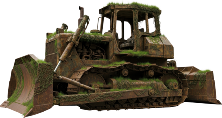 Abandoned rusted bulldozer overgrown with green grass and vines symbolizing decay and nature reclaiming industrial machinery heavy equipment construction
