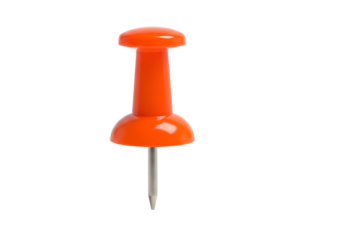 Bright orange push pin with sharp metal point isolated on transparent background