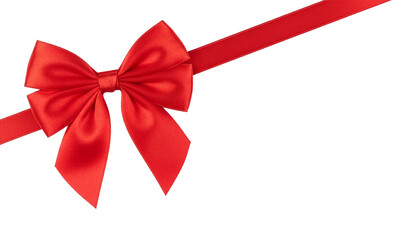 Red Satin Bow Ribbon for Christmas Decoration. Isolated Transparent Background. 