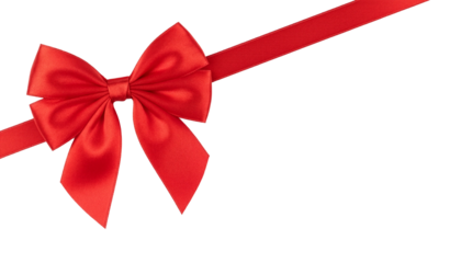 Red Satin Bow Ribbon for Christmas Decoration. Isolated Transparent Background.