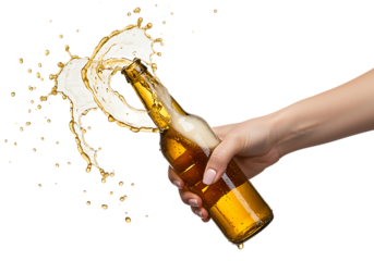 Splashing beer from tilted bottle held in hand on transparent background