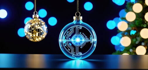 glowing circuit board xmas ornament, festive bokeh, concept of tech, retail, banner, copyspace