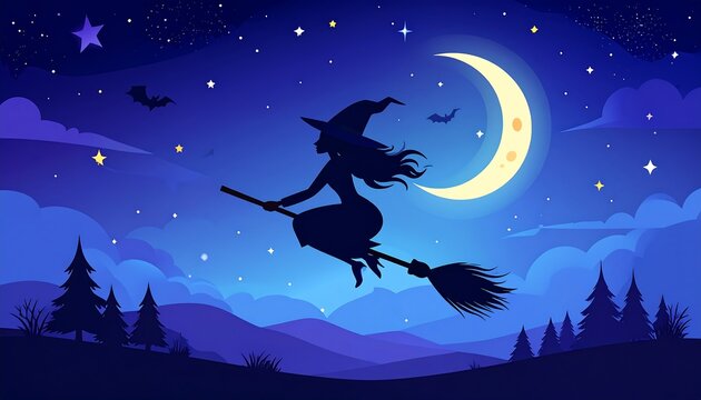 A silhouetted witch flies on a broomstick under a large crescent moon and starry night sky, with trees below - Powered by Adobe