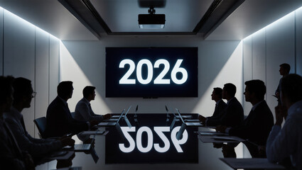 Business meeting in modern conference room focuses on strategic planning for 2026
