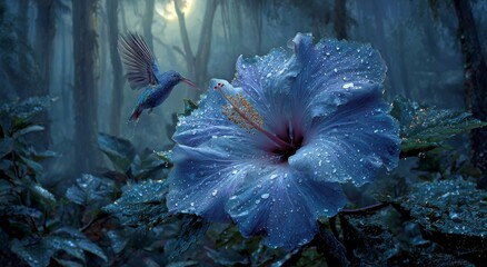 Fototapeta premium Enchanting Blue Hibiscus in Mystical Woodland: A captivating image showcases a large, vibrant blue hibiscus flower, glistening with dewdrops, set against a backdrop of a misty woodland.