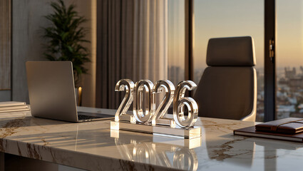 Modern office with 2026 chrome numbers on marble desk overlooking city sunset