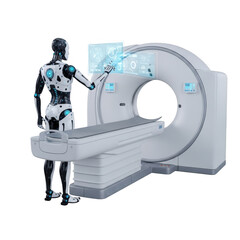 Robot interacting with medical scanner isolated on transparent background
