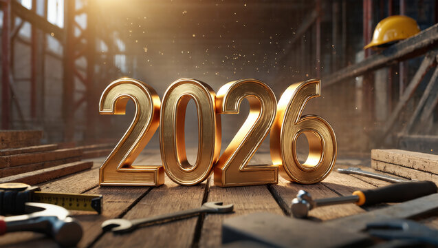Gleaming gold 2026 numbers in industrial setting with tools - Powered by Adobe