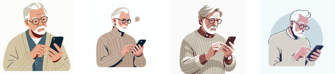 An elderly man wearing glasses using a smartphone with curiosity, flat design, simple and minimalistic style, white background