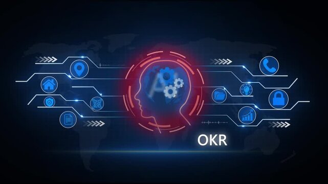 OKR Objectives key results With Global social network connection concept showing digital data communication across the earth background - Powered by Adobe