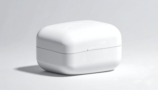 A simple white, rounded rectangular container or box sits on a white surface, casting a faint shadow