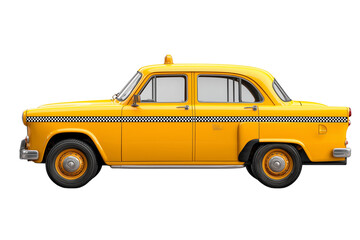 Fototapeta premium Yellow taxi with roof light and black checkered stripe on the side isolated on transparent White background png