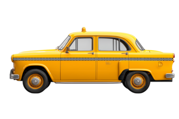 Yellow taxi with roof light and black checkered stripe on the side  isolated on transparent White background png
