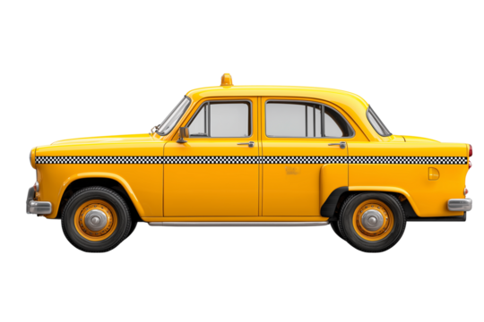 Yellow taxi with roof light and black checkered stripe on the side  isolated on transparent White background png