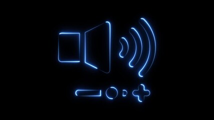Glowing blue neon sound volume icon with plus minus controls on black background abstract digital animation - Powered by Adobe