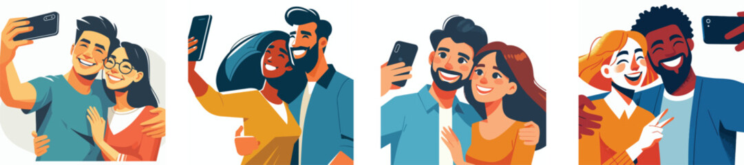 A couple taking a selfie together using a smartphone, happy expression, flat design, simple and minimalistic style, white background