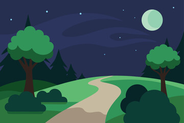 Winding road through dark forest hills under a night sky with moon and stars