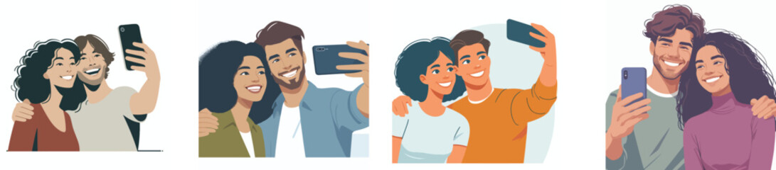 A couple taking a selfie together using a smartphone, happy expression, flat design, simple and minimalistic style, white background