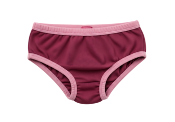 A pair of plum colored children s training pants with pink trim isolated on transparent background