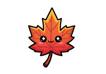 Adorable kawaii maple leaf character with sparkling eyes and smiling face isolated on transparent background