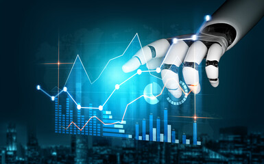 A robotic hand interacts with vibrant data visualizations, symbolizing the integration of advanced...