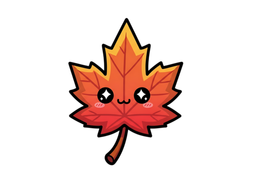 Adorable kawaii maple leaf character with sparkling eyes and smiling face isolated on transparent background